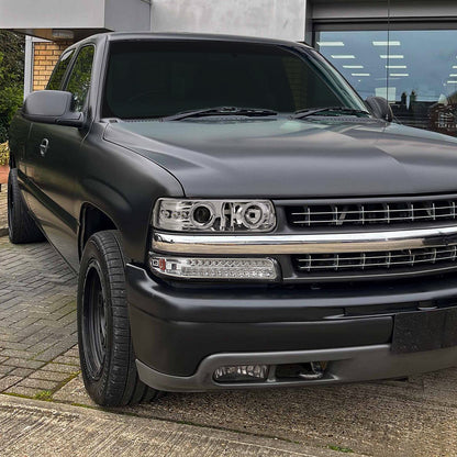 Ronnin - Fits 1999-2006 Silverado Suburban Tahoe Upgraded LED Dual Halo Rims Running Lights Projector Headlights Assembly Pair | Chrome