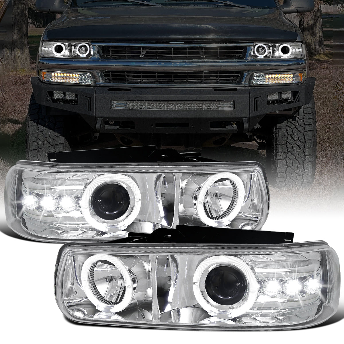 Ronnin - Fits 1999-2006 Silverado Suburban Tahoe Upgraded LED Dual Halo Rims Running Lights Projector Headlights Assembly Pair | Chrome