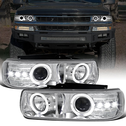Ronnin - Fits 1999-2006 Silverado Suburban Tahoe Upgraded LED Dual Halo Rims Running Lights Projector Headlights Assembly Pair | Chrome