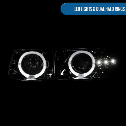 Ronnin - Fits 1999-2006 Silverado Suburban Tahoe Upgraded LED Dual Halo Rims Running Lights Projector Headlights Assembly Pair | Smoke