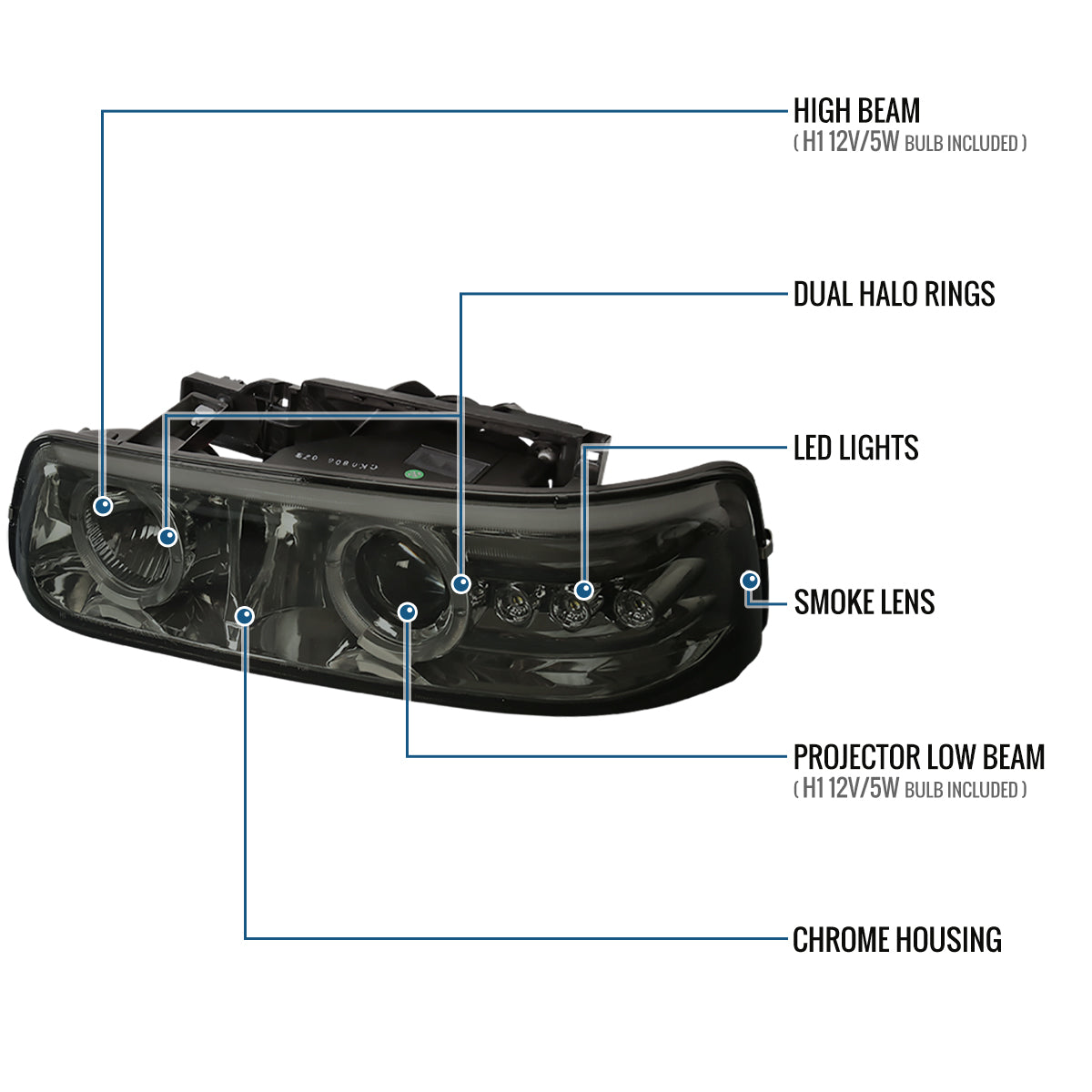 Ronnin - Fits 1999-2006 Silverado Suburban Tahoe Upgraded LED Dual Halo Rims Running Lights Projector Headlights Assembly Pair | Smoke