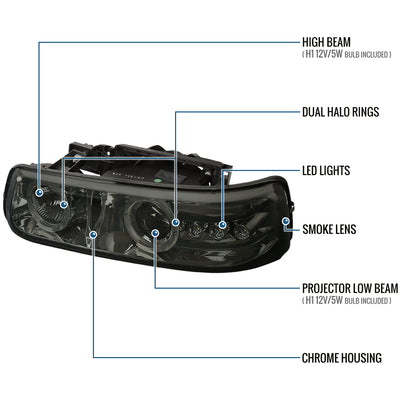 Ronnin - Fits 1999-2006 Silverado Suburban Tahoe Upgraded LED Dual Halo Rims Running Lights Projector Headlights Assembly Pair | Smoke