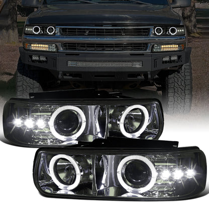 Ronnin - Fits 1999-2006 Silverado Suburban Tahoe Upgraded LED Dual Halo Rims Running Lights Projector Headlights Assembly Pair | Smoke