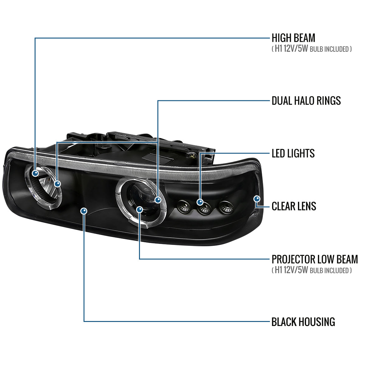 Ronnin - Fits 1999-2006 Silverado Suburban Tahoe Upgraded LED Dual Halo Rims Running Lights Projector Headlights Assembly Pair | Black