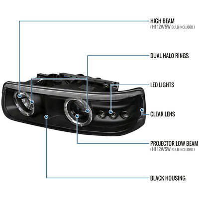 Ronnin - Fits 1999-2006 Silverado Suburban Tahoe Upgraded LED Dual Halo Rims Running Lights Projector Headlights Assembly Pair | Black
