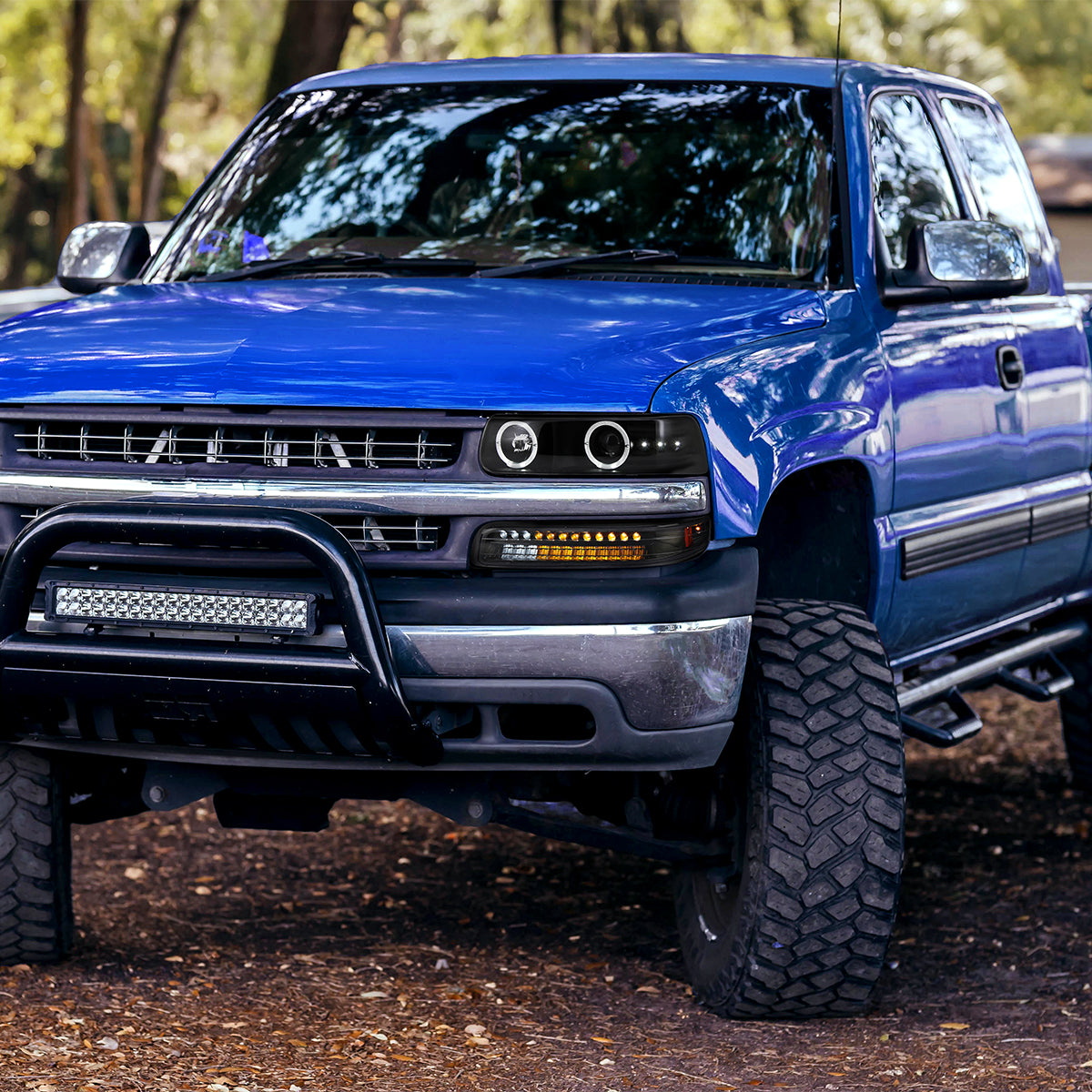 Ronnin - Fits 1999-2006 Silverado Suburban Tahoe Upgraded LED Dual Halo Rims Running Lights Projector Headlights Assembly Pair | Black