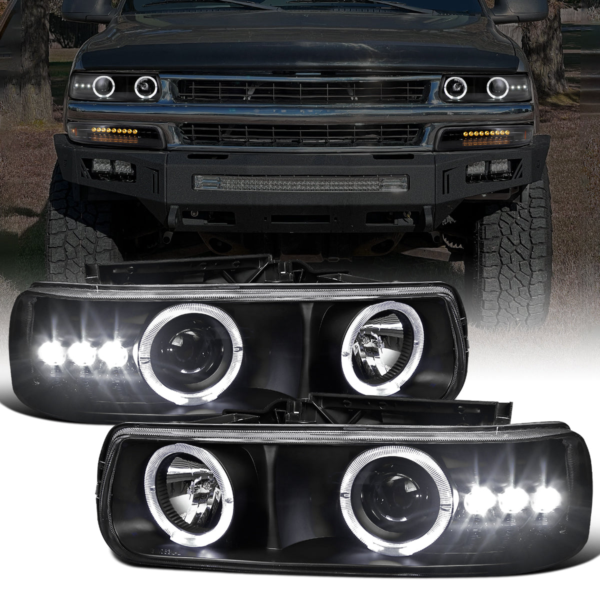 Ronnin - Fits 1999-2006 Silverado Suburban Tahoe Upgraded LED Dual Halo Rims Running Lights Projector Headlights Assembly Pair | Black