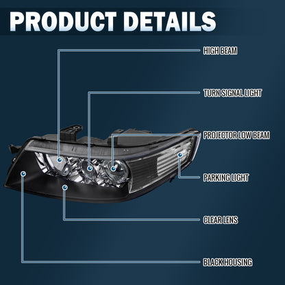 Ronnin - Fits 2004-2005 Acura TSX JDM Black Factory Xenon HID Projector Headlights Assembly Pair | Black