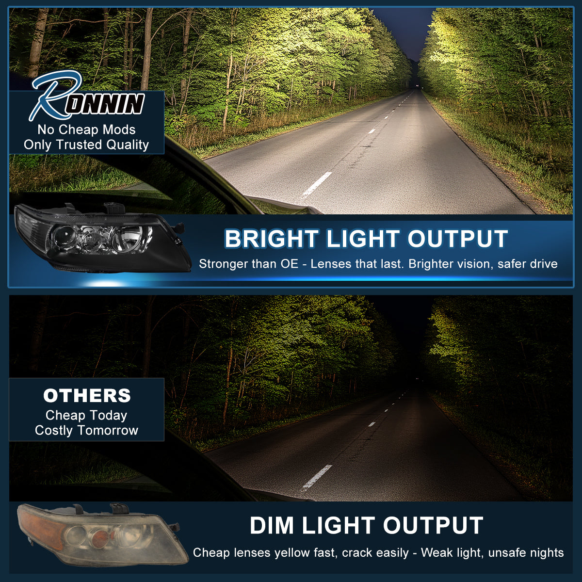 Ronnin - Fits 2004-2005 Acura TSX JDM Black Factory Xenon HID Projector Headlights Assembly Pair | Black