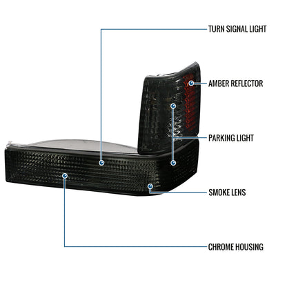Ronnin - Fits 1993-1996 Jeep Grand Cherokee Factory Replacement Bumper Turn Signals Lights + Corner Parking Lamps Assembly Pair | Smoke