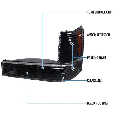 Ronnin - Fits 1993-1996 Jeep Grand Cherokee Factory Replacement Bumper Turn Signals Lights + Corner Parking Lamps Assembly Pair | Black