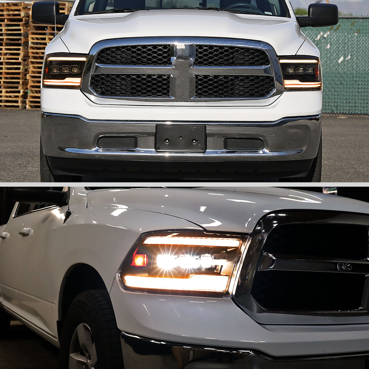 Ronnin - Fits 2009-2018 Ram 1500 2500 3500 Upgraded Amber Running Lights Full LED Triple Projector Headlights Switchback Sequential Signal + Animated Startup Effect Pair | Black