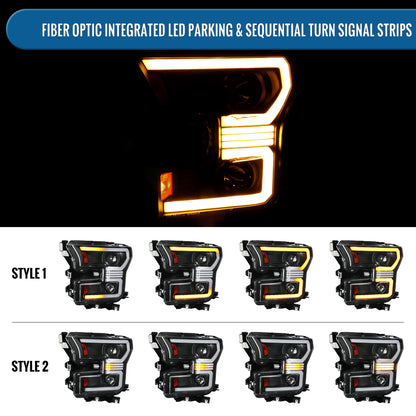 Ronnin - Fits 2015-2017 Ford F150 Amber DRL Halogen Dual Projector Headlights LED Switchback Sequential Turn Signals With 2 Lighting Patterns Assembly Pair | Black