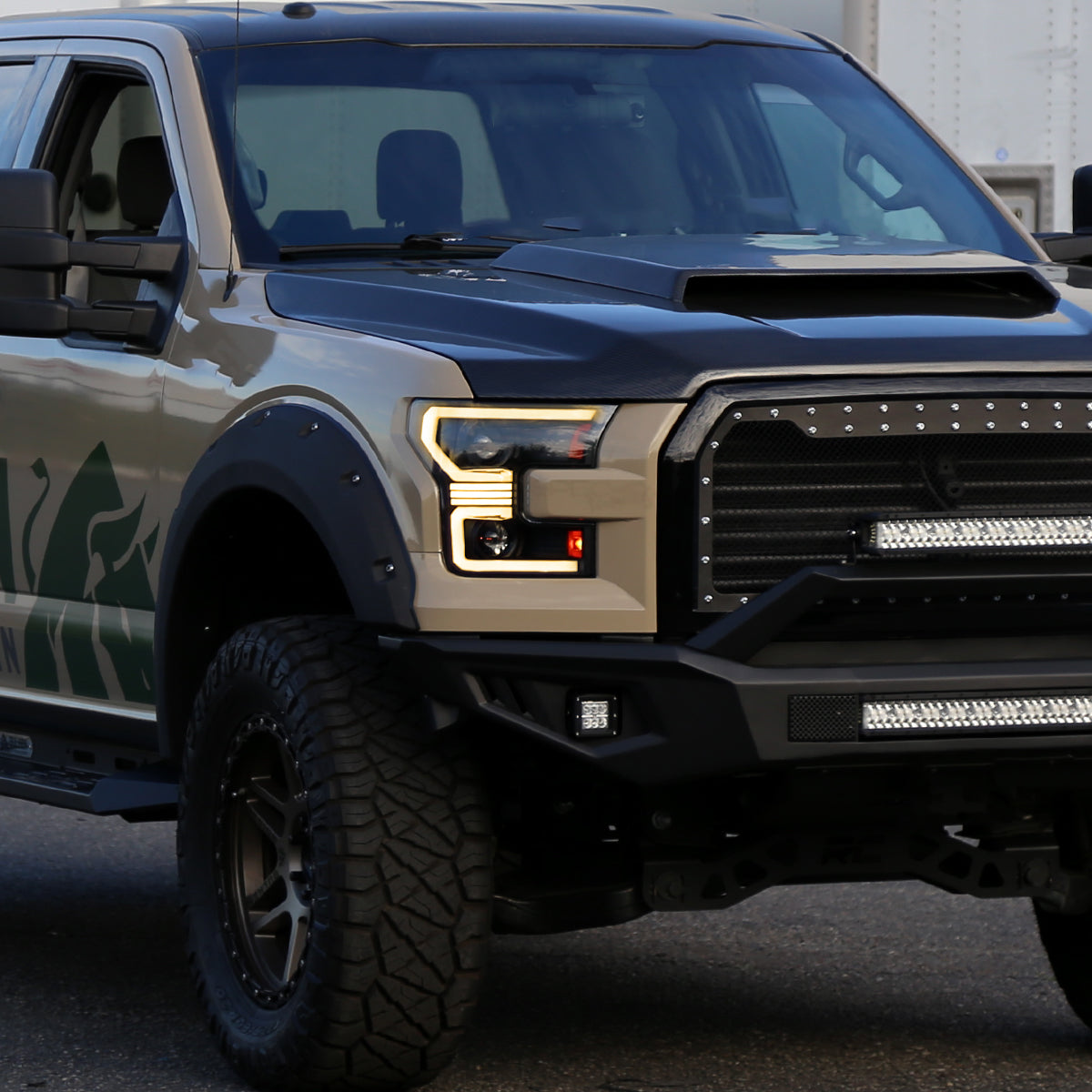 Ronnin - Fits 2015-2017 Ford F150 Amber DRL Halogen Dual Projector Headlights LED Switchback Sequential Turn Signals With 2 Lighting Patterns Assembly Pair | Black