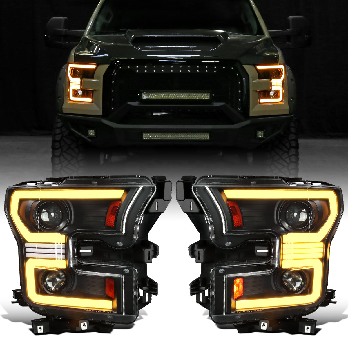 Ronnin - Fits 2015-2017 Ford F150 Amber DRL Halogen Dual Projector Headlights LED Switchback Sequential Turn Signals With 2 Lighting Patterns Assembly Pair | Black