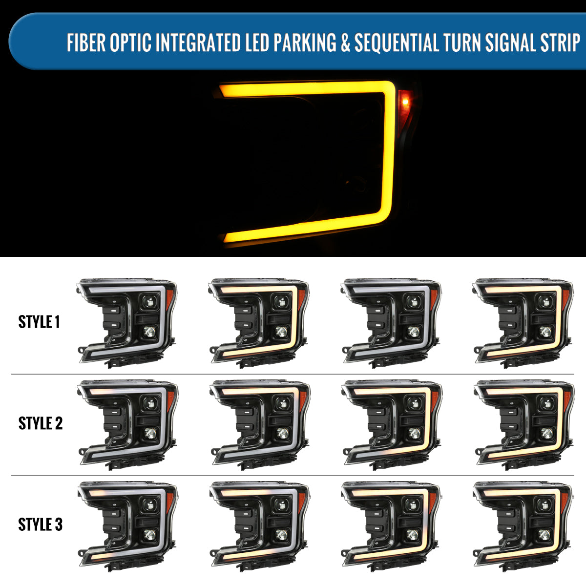 Ronnin - Fits 2018-2020 Ford F150 Amber DRL Halogen Dual Projector Headlights LED Switchback Sequential Turn Signal With 3 Lighting Patterns Assembly Pair | Black