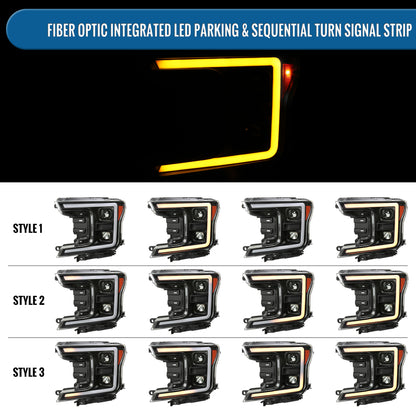 Ronnin - Fits 2018-2020 Ford F150 Amber DRL Halogen Dual Projector Headlights LED Switchback Sequential Turn Signal With 3 Lighting Patterns Assembly Pair | Black