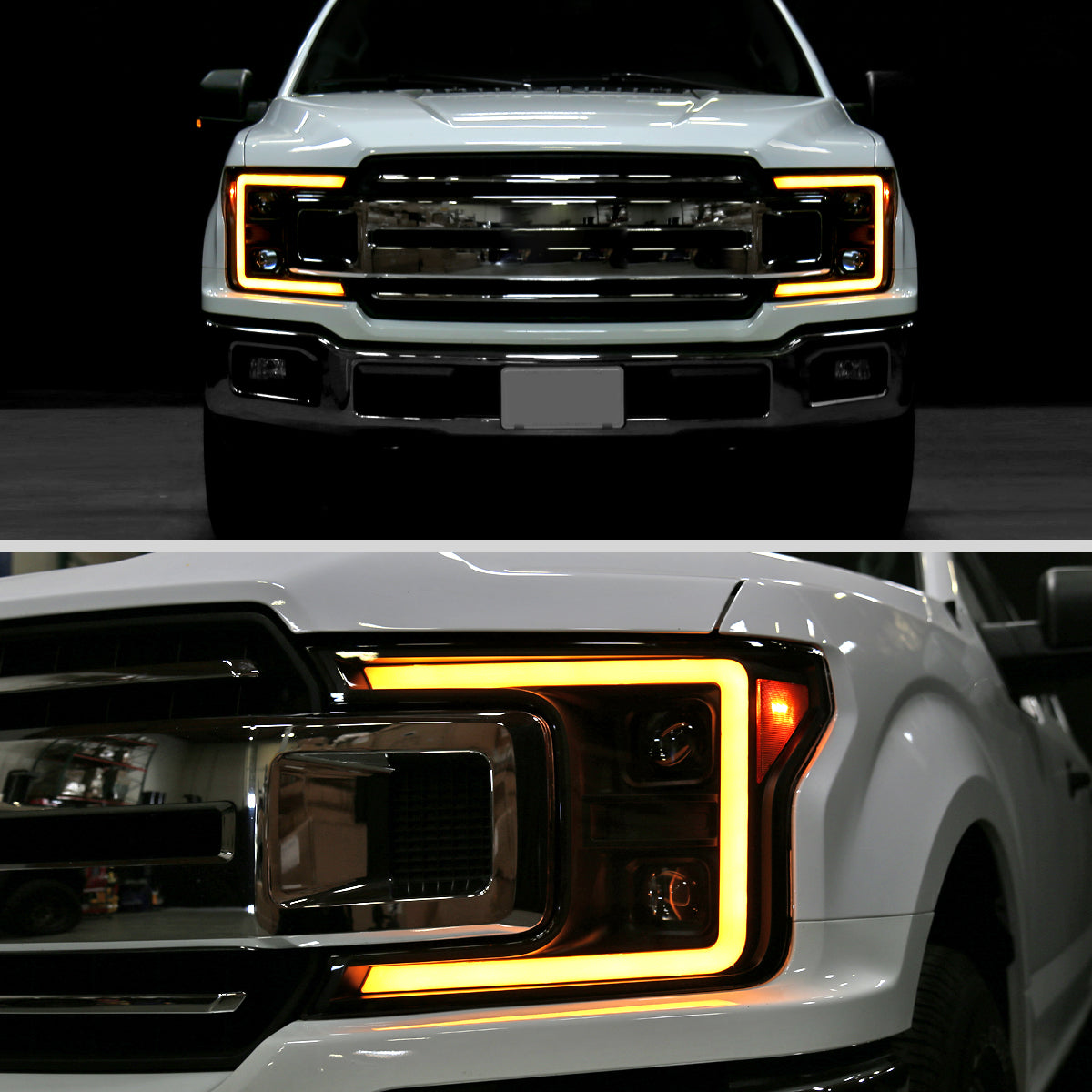 Ronnin - Fits 2018-2020 Ford F150 Amber DRL Halogen Dual Projector Headlights LED Switchback Sequential Turn Signal With 3 Lighting Patterns Assembly Pair | Black