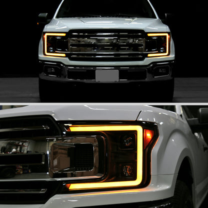 Ronnin - Fits 2018-2020 Ford F150 Amber DRL Halogen Dual Projector Headlights LED Switchback Sequential Turn Signal With 3 Lighting Patterns Assembly Pair | Black