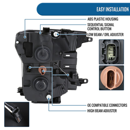 Ronnin - Fits 2018-2020 Ford F150 Amber DRL Halogen Dual Projector Headlights LED Switchback Sequential Turn Signal With 3 Lighting Patterns Assembly Pair | Black