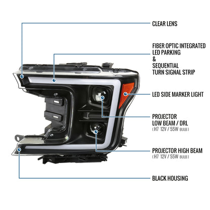 Ronnin - Fits 2018-2020 Ford F150 Amber DRL Halogen Dual Projector Headlights LED Switchback Sequential Turn Signal With 3 Lighting Patterns Assembly Pair | Black