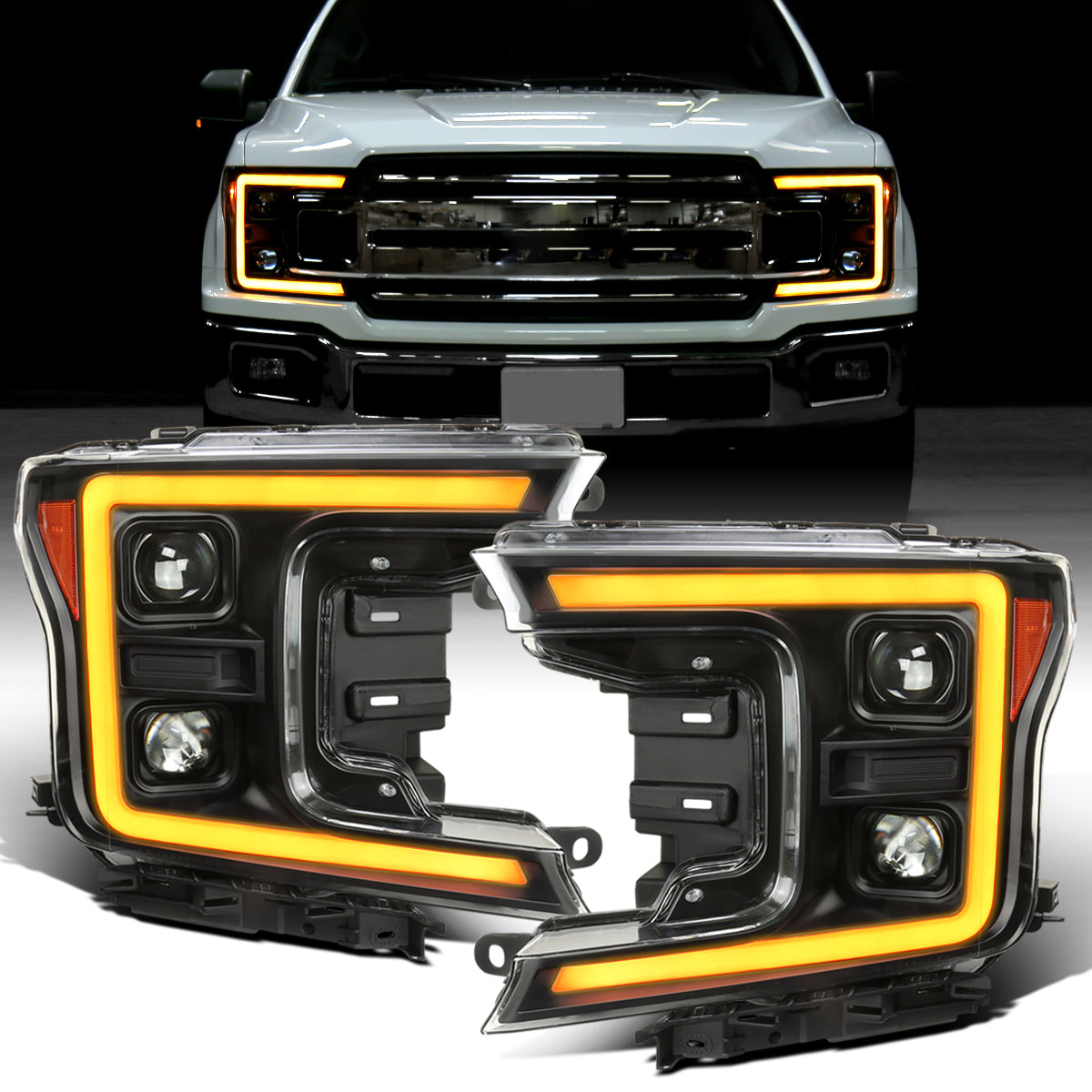 Ronnin - Fits 2018-2020 Ford F150 Amber DRL Halogen Dual Projector Headlights LED Switchback Sequential Turn Signal With 3 Lighting Patterns Assembly Pair | Black