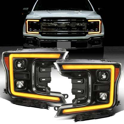 Ronnin - Fits 2018-2020 Ford F150 Amber DRL Halogen Dual Projector Headlights LED Switchback Sequential Turn Signal With 3 Lighting Patterns Assembly Pair | Black