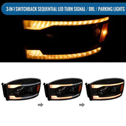 Ronnin - Fits 2006-2009 Dodge Ram 1500 2500 3500 LED Amber DRL Switchback Sequential Turn Signals + Animated Startup Dual Projector Headlights Assembly Pair | Black