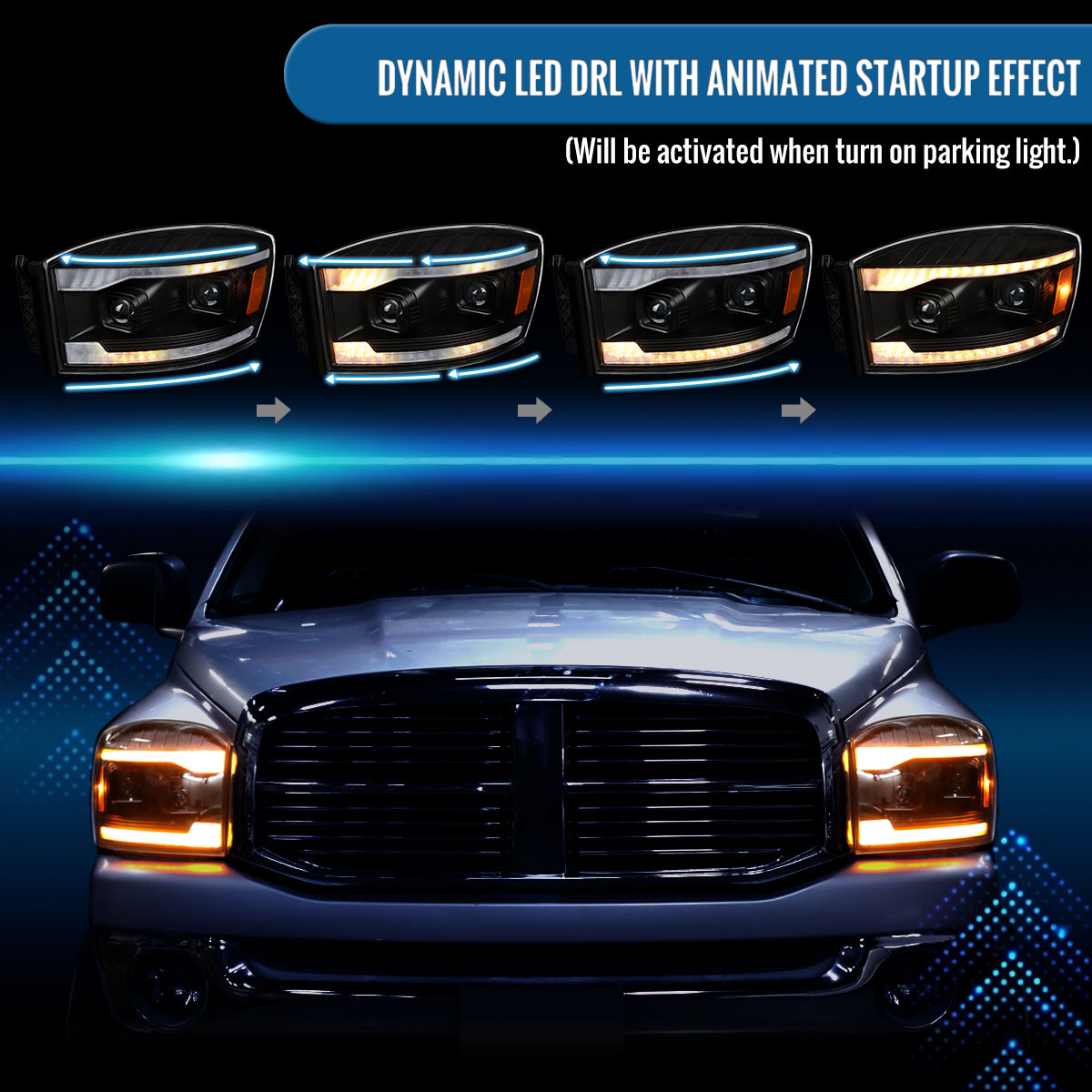 Ronnin - Fits 2006-2009 Dodge Ram 1500 2500 3500 LED Amber DRL Switchback Sequential Turn Signals + Animated Startup Dual Projector Headlights Assembly Pair | Black