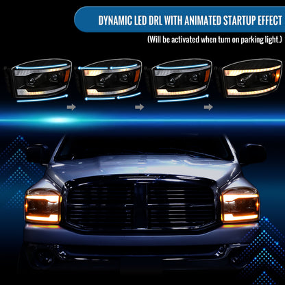 Ronnin - Fits 2006-2009 Dodge Ram 1500 2500 3500 LED Amber DRL Switchback Sequential Turn Signals + Animated Startup Dual Projector Headlights Assembly Pair | Black