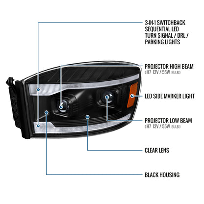 Ronnin - Fits 2006-2009 Dodge Ram 1500 2500 3500 LED Amber DRL Switchback Sequential Turn Signals + Animated Startup Dual Projector Headlights Assembly Pair | Black