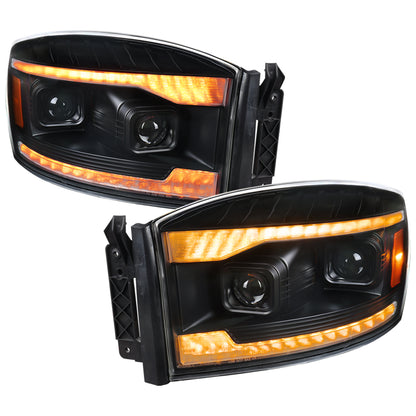 Ronnin - Fits 2006-2009 Dodge Ram 1500 2500 3500 LED Amber DRL Switchback Sequential Turn Signals + Animated Startup Dual Projector Headlights Assembly Pair | Black