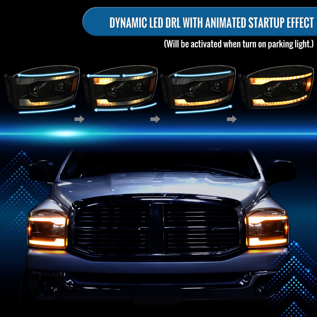 Ronnin - Fits 2006-2009 Dodge Ram 1500 2500 3500 LED Amber DRL Switchback Sequential Turn Signals + Animated Startup Dual Projector Headlights Assembly Pair | Black Smoke