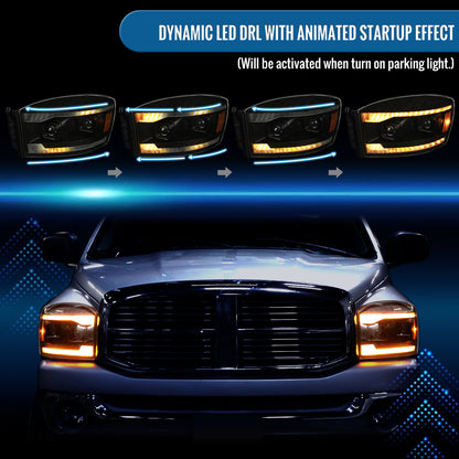 Ronnin - Fits 2006-2009 Dodge Ram 1500 2500 3500 LED Amber DRL Switchback Sequential Turn Signals + Animated Startup Dual Projector Headlights Assembly Pair | Black Smoke