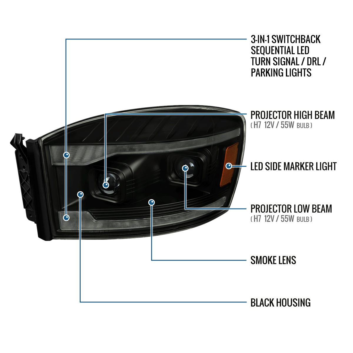 Ronnin - Fits 2006-2009 Dodge Ram 1500 2500 3500 LED Amber DRL Switchback Sequential Turn Signals + Animated Startup Dual Projector Headlights Assembly Pair | Black Smoke