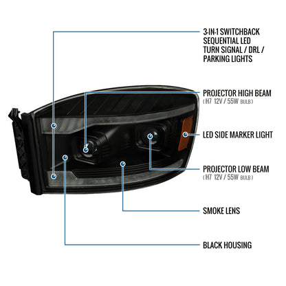 Ronnin - Fits 2006-2009 Dodge Ram 1500 2500 3500 LED Amber DRL Switchback Sequential Turn Signals + Animated Startup Dual Projector Headlights Assembly Pair | Black Smoke
