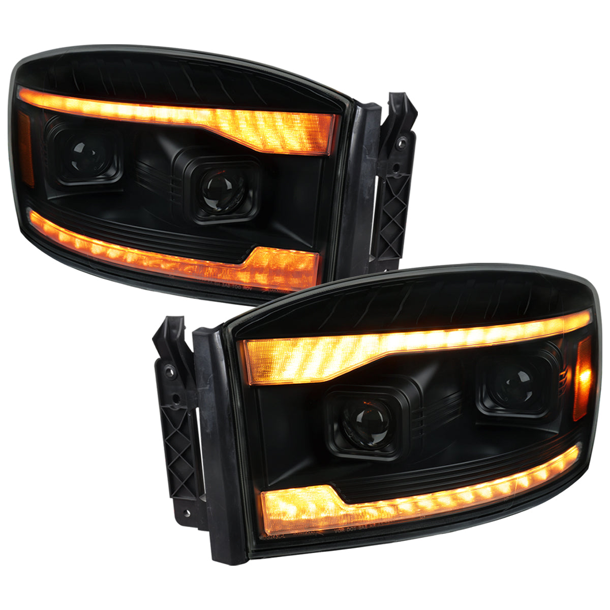 Ronnin - Fits 2006-2009 Dodge Ram 1500 2500 3500 LED Amber DRL Switchback Sequential Turn Signals + Animated Startup Dual Projector Headlights Assembly Pair | Black Smoke