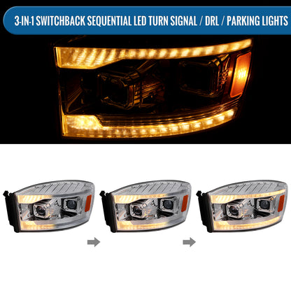 Ronnin - Fits 2006-2009 Dodge Ram 1500 2500 3500 LED Amber DRL Switchback Sequential Turn Signals + Animated Startup Dual Projector Headlights Assembly Pair | Black