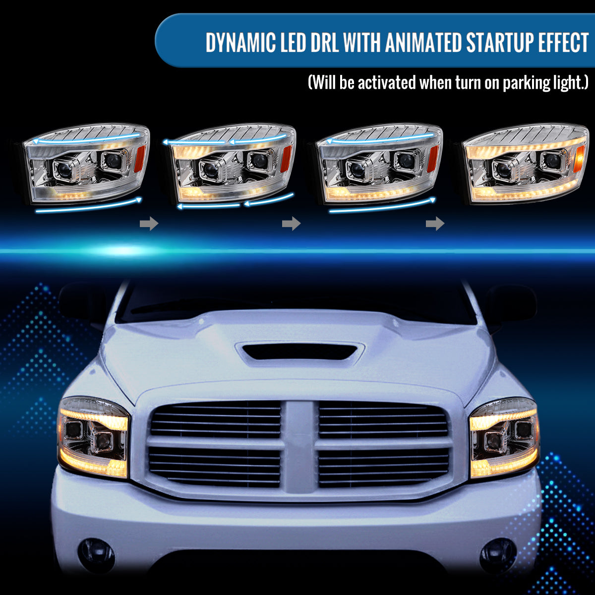 Ronnin - Fits 2006-2009 Dodge Ram 1500 2500 3500 LED Amber DRL Switchback Sequential Turn Signals + Animated Startup Dual Projector Headlights Assembly Pair | Black