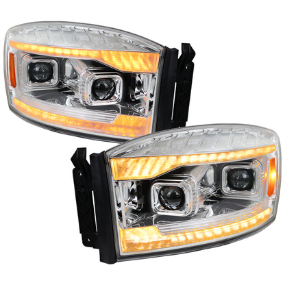 Ronnin - Fits 2006-2009 Dodge Ram 1500 2500 3500 LED Amber DRL Switchback Sequential Turn Signals + Animated Startup Dual Projector Headlights Assembly Pair | Black