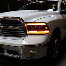 Ronnin - Fits 2009-2018 Ram 1500 2500 3500 2019-2024 Ram 1500 Classic Amber DRL Halogen Dual Projector Headlights LED Switchback Sequential Signal + Animated Startup Effect Assembly Pair | Black