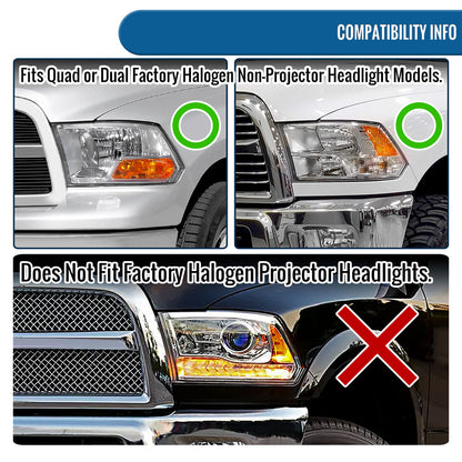 Ronnin - Fits 2009-2018 Ram 1500 2500 3500 2019-2024 Ram 1500 Classic Amber DRL Halogen Dual Projector Headlights LED Switchback Sequential Signal + Animated Startup Effect Assembly Pair | Black