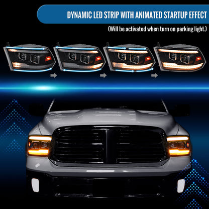 Ronnin - Fits 2009-2018 Ram 1500 2500 3500 2019-2024 Ram 1500 Classic Amber DRL Halogen Dual Projector Headlights LED Switchback Sequential Signal + Animated Startup Effect Assembly Pair | Black