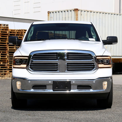 Ronnin - Fits 2009-2018 Ram 1500 2500 3500 2019-2024 Ram 1500 Classic Amber DRL Halogen Dual Projector Headlights LED Switchback Sequential Signal + Animated Startup Effect Assembly Pair | Black