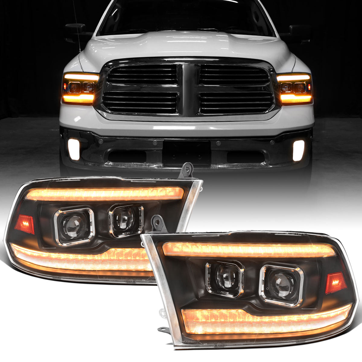 Ronnin - Fits 2009-2018 Ram 1500 2500 3500 2019-2024 Ram 1500 Classic Amber DRL Halogen Dual Projector Headlights LED Switchback Sequential Signal + Animated Startup Effect Assembly Pair | Black
