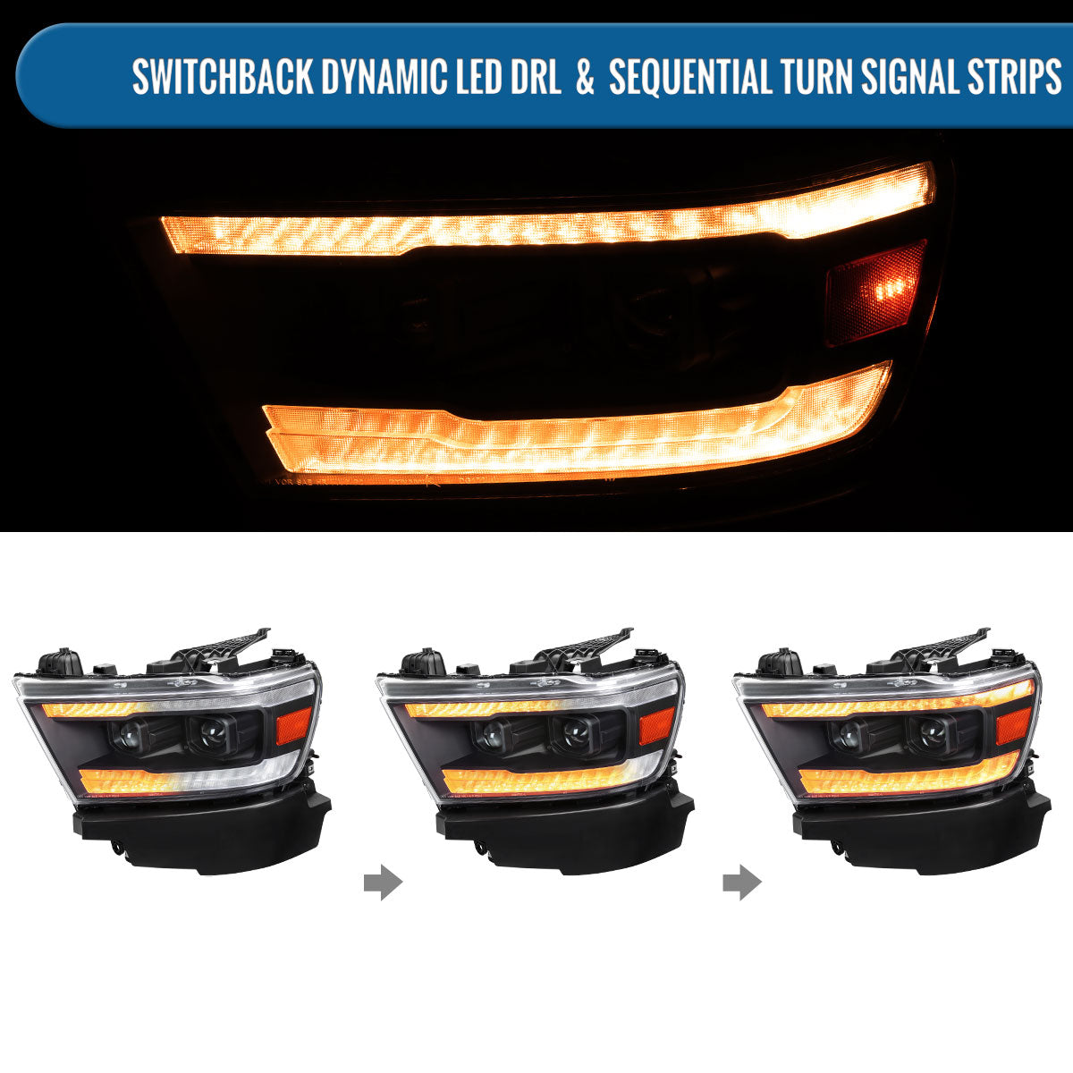 Ronnin - Fits 2019-2024 Ram 1500 Amber DRL Halogen Dual Projector Headlights LED Switchback Sequential Signal + Animated Startup Effect Assembly Pair | Black