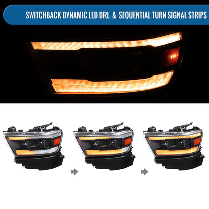 Ronnin - Fits 2019-2024 Ram 1500 Amber DRL Halogen Dual Projector Headlights LED Switchback Sequential Signal + Animated Startup Effect Assembly Pair | Black