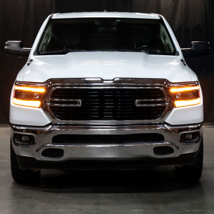 Ronnin - Fits 2019-2024 Ram 1500 Amber DRL Halogen Dual Projector Headlights LED Switchback Sequential Signal + Animated Startup Effect Assembly Pair | Black