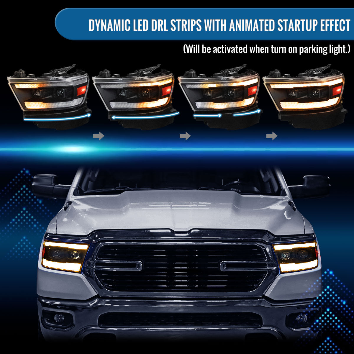 Ronnin - Fits 2019-2024 Ram 1500 Amber DRL Halogen Dual Projector Headlights LED Switchback Sequential Signal + Animated Startup Effect Assembly Pair | Black
