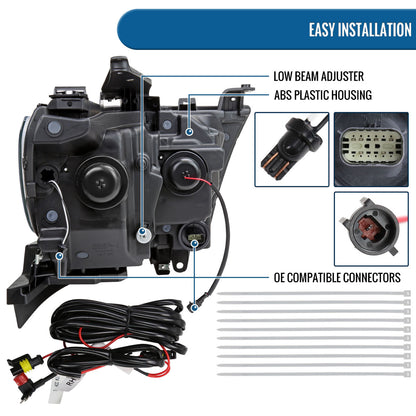 Ronnin - Fits 2019-2024 Ram 1500 Amber DRL Halogen Dual Projector Headlights LED Switchback Sequential Signal + Animated Startup Effect Assembly Pair | Black